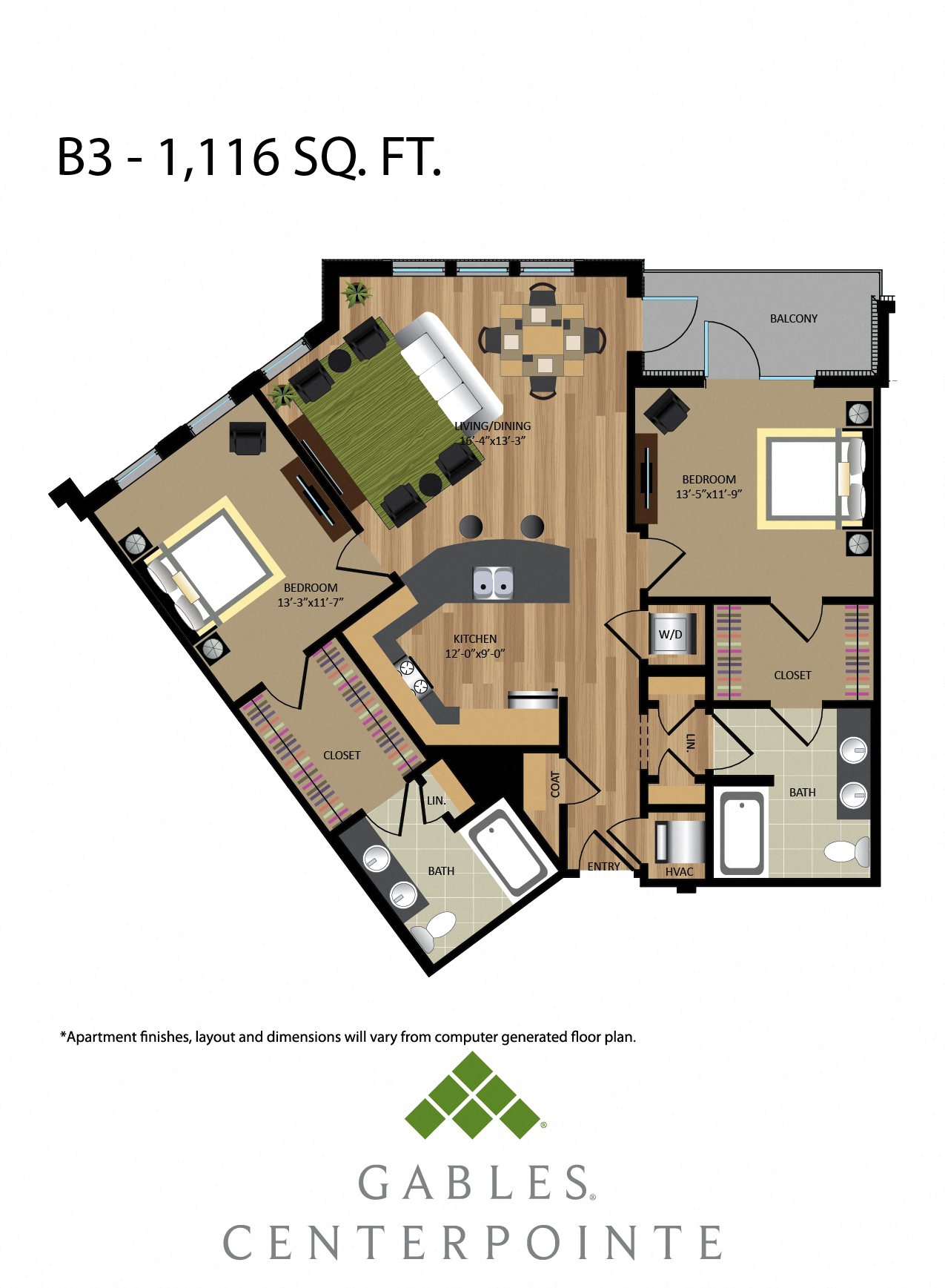 Floor plan for 2 beds, 2 baths, 1116 sqft